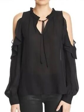 Cold-Shoulder Ruffle Tie-Neck Blouse - Black